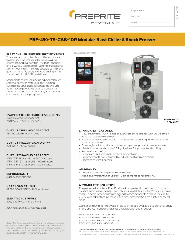 PBF-450-TS-CAB-1DR Modular Blast Chiller & Shock Freezer